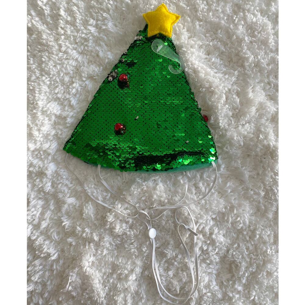 Christmas Tree Sequin Jingle Bell Pet Hat Headwear NEW XL